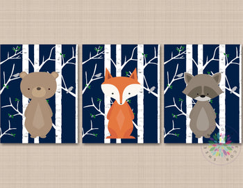 Woodland Nursery Wall Art Woodland Nursery Decor Bear Fox Racoon Navy Blue Birch Tree Leaves Birds Modern Kawaii C616-Sweet Blooms Decor