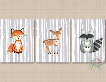 Woodland Nursery Wall Art Woodland Nursery Decor Deer Fox Raccoon Modern Woodland Gray Birch Trees Baby Boy Room Decor C680-Sweet Blooms Decor
