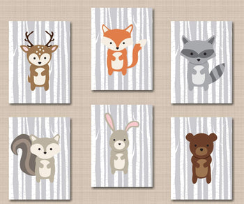 Woodland Nursery Wall Art Woodland Nursery Decor Forest Animals Gray Birch Trees Nursery Modern Simple Neutral Baby Shower Gift C315-Sweet Blooms Decor
