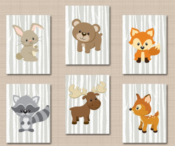 Woodland Nursery Wall Art Woodland Nursery Decor Forest Animals Wall Art Gray Birch Bear Raccoon Fox Deer Bunny Moose Gift Neutral C326-Sweet Blooms Decor