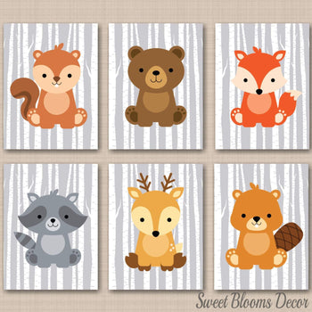 Woodland Nursery Wall Art Woodland Nursery Decor Gray Birch Trees Forest Baby Animals Boy Modern Simple Neutral C318-Sweet Blooms Decor
