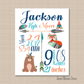 Woodland Tribal Nursery Decor Tribal Birth Print Woodland Nursery Decor Tribal Baby Room Woodland PRINT OR CANVAS-Sweet Blooms Decor