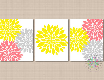 Yellow Gray Coral Pink Floral Wall Art Yellow Gray Coral Wall Decor Yellow Gray Bedroom Home Decor Floral Wall Art Nursery Art  F102
