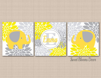 Yellow Gray Elephants Nursery Wall Art Decor Gilr Boy Neutral Nursery Name Monogram Floral Decor Baby Shower Gift C425-Sweet Blooms Decor