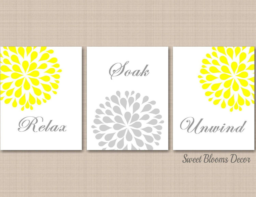 Yellow Gray Floral Bathroom Wall Art Floral Bathroom Decor Yellow Gray Home Decor Flowers Bathroom Relax Soak Unwind PRINTS or CANVAS F101-Sweet Blooms Decor