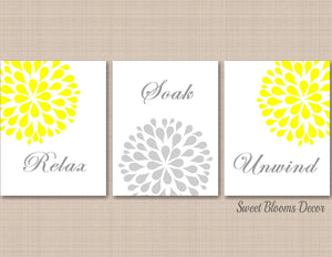 Yellow Gray Floral Bathroom Wall Art Floral Bathroom Decor Yellow Gray Home Decor Flowers Bathroom Relax Soak Unwind PRINTS or CANVAS F101-Sweet Blooms Decor
