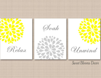 Yellow Gray Floral Bathroom Wall Art Floral Bathroom Decor Yellow Gray Home Decor Flowers Bathroom Relax Soak Unwind PRINTS or CANVAS F101-Sweet Blooms Decor