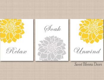 Yellow Gray Floral Bathroom Wall Art Yellow Gray Bathroom Decor Yellow Gray Home Decor Relax Soak Unwind Prints PRINTS or CANVAS F102-Sweet Blooms Decor