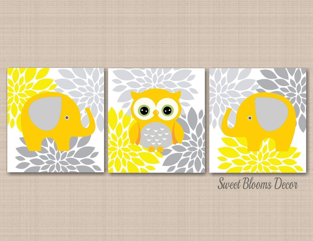 Yellow Gray Nursery Wall Art Decor Neutral Owl Elephant Wall Art Floral Elephant Girl Boy Twins Baby Shower Gift C426-Sweet Blooms Decor