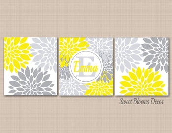 Yellow Gray Nursery Wall Art,Yellow Gray Floral Decor,Yellow Gray Bedroom Art,Yellow Gray Bathroom,Yellow Gray Neutral Nursery UNFRAMEDC424-Sweet Blooms Decor