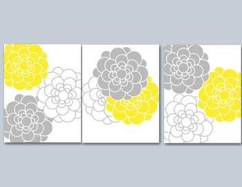 Yellow Grey Bedroom Wall Art, Yellow Grey Floral Wall Art, Yellow Grey Bedroom Decor, Lola Wall Art-  