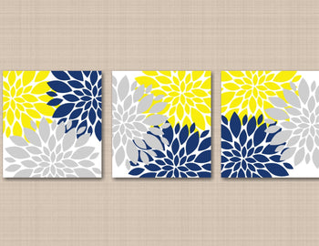 Yellow Navy Blue Gray Floral Wall Art Flowers Burst Bedroom Wall Decor Modern Home Decor Bathroom Wall Art PRINTS or CANVAS H118-Sweet Blooms Decor
